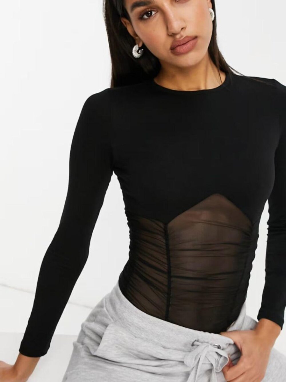 ASOS DESIGN long sleeved ruched mesh bodice bodysuit in black